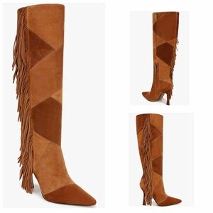 NWT Sam Edelman Ellis Patchwork Fringe Knee High Heeled Boots - Brown